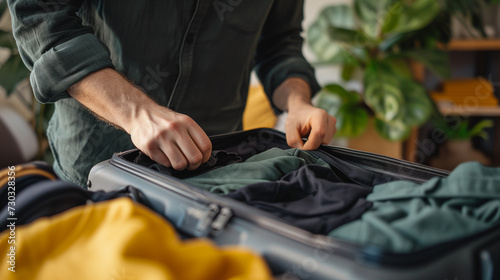 Close up hands of man preparation of putting clothes to travel suitcase for vacation