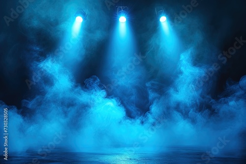 Illuminated stage with scenic lights and smoke. Blue vector spotlight with smoke volume light effect on black background. Stadium cloudiness projector © abstract Art