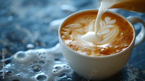 A tranquil scene of milk being poured into a cup of coffee, blending together with elegance