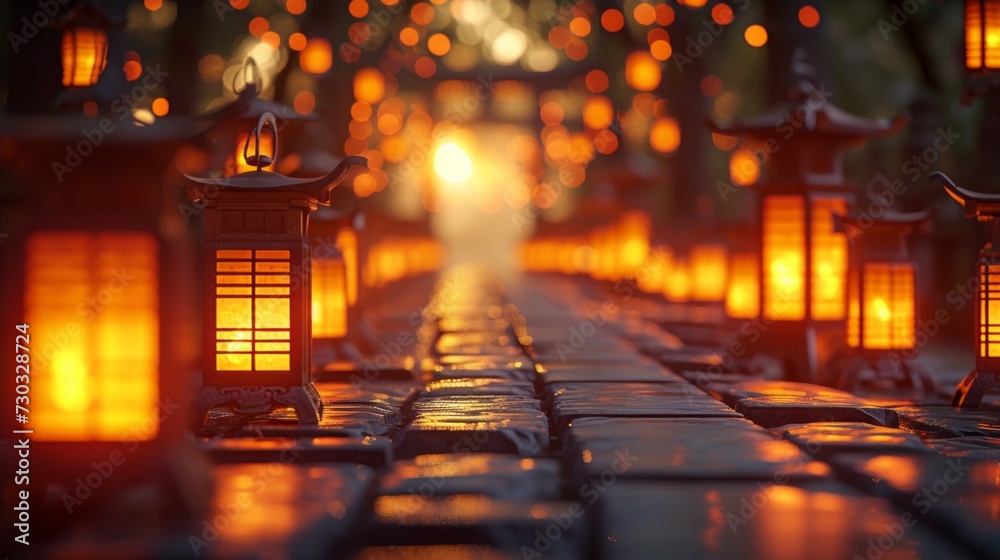Rows of radiant lanterns illuminate the scene, exuding a warm and celebratory ambiance