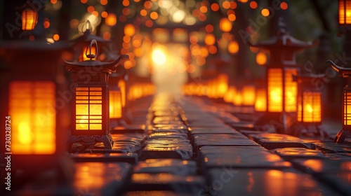 Rows of radiant lanterns illuminate the scene, exuding a warm and celebratory...