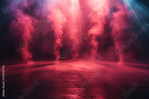 immerse yourself in an ethereal world  empty dark stage transformed with mist  fog  and red smoke  perfect for showcasing artistic works and products.