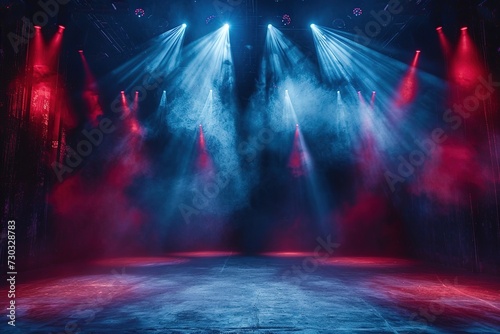 immerse yourself in an ethereal world: empty dark stage transformed with mist, fog, and red spotlights, perfect for showcasing artistic works and products.
