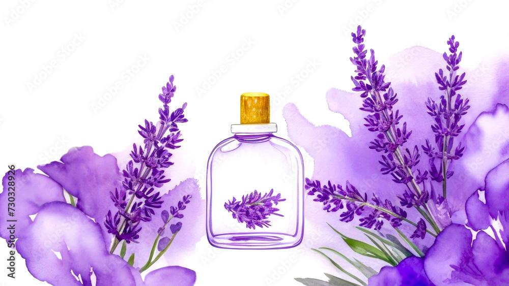 Essential Aromatic oil in bottle and fresh lavender twigs on white. Fresh lavender flowers and oil. For aromatherapy, alternative medicine or perfumery, naturopathy. Banner, copy space for text Essential Aromatic oil in bottle and fresh lavender twigs on white. Fresh lavender flowers and oil. For aromatherapy, alternative medicine or perfumery, naturopathy. Banner, copy space for text