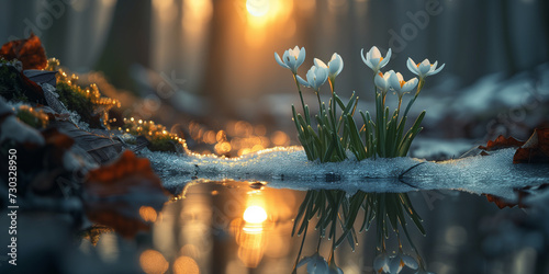 Schneeglöckchen zum Frühling in der Natur in schönen Sonnenlicht mit Schnee, ai generativ