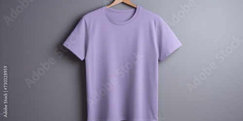 Lilac t shirt is seen against a gray wall