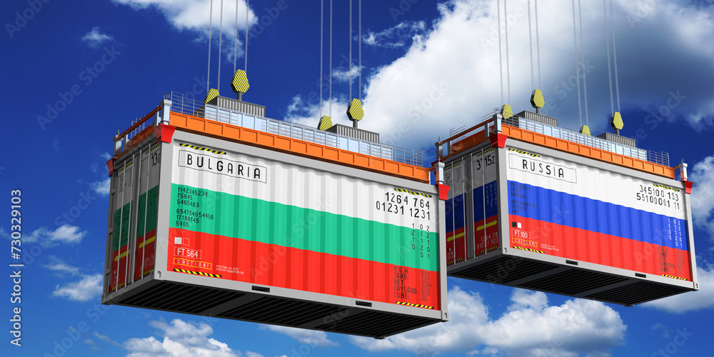 Shipping containers with flags of Bulgaria and Russia - 3D illustration