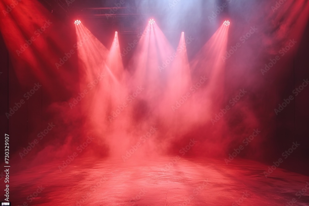 immerse yourself in an ethereal world: empty dark stage transformed with mist, fog, and red spotlights, perfect for showcasing artistic works and products.