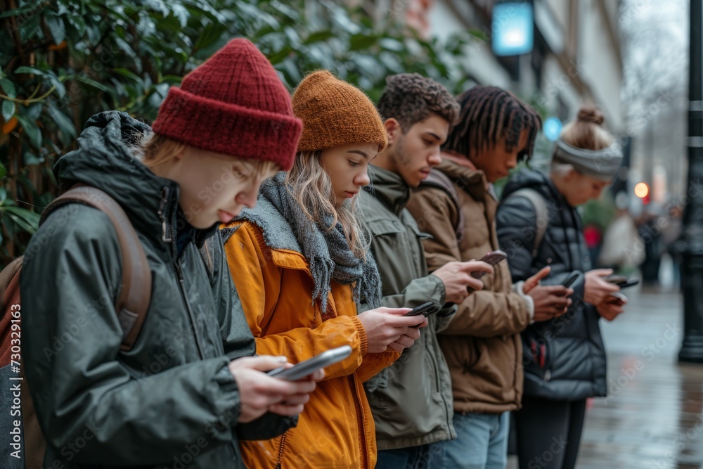 Five young people interacting with their smartphones. Wintertime Five young people interacting with their smartphones. Wintertime