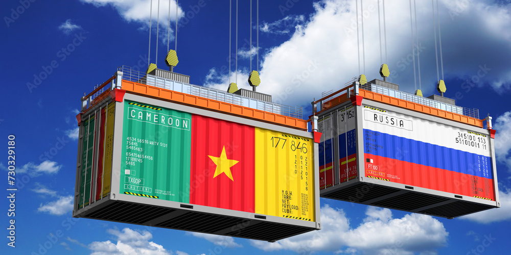 Shipping containers with flags of Cameroon and Russia - 3D illustration