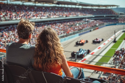 Couple watching a formula 1 race from the grandstands on a sunny day