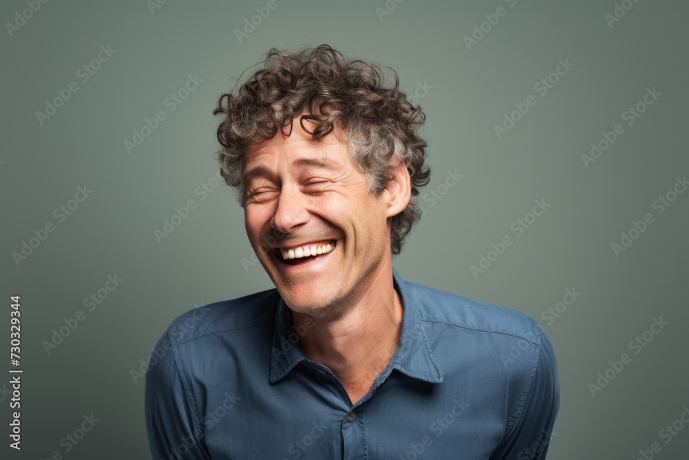 Portrait of a happy man laughing with closed eyes over grey background Portrait of a happy man laughing with closed eyes over grey background