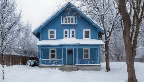 a small cozy blue house in winter with branches