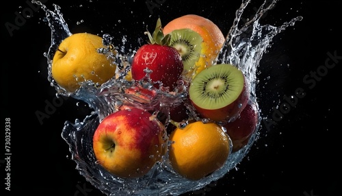  colorful fruit splashed in the water on black background