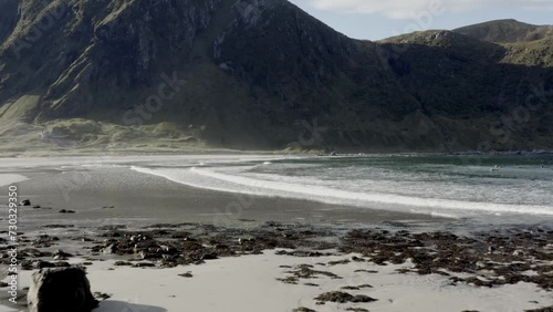 Drone flight on the coast of western Norway with surfers