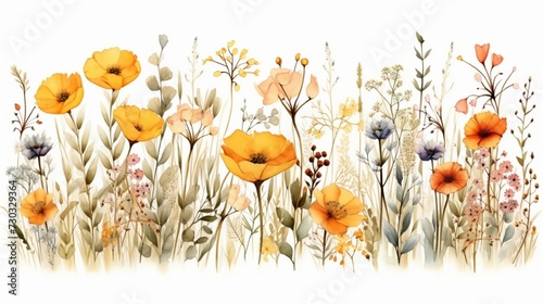 A beautiful watercolor  of a seamless pattern with wildflowers, a field full of yellow and orange flowers in the springtime, a border on a white background photo