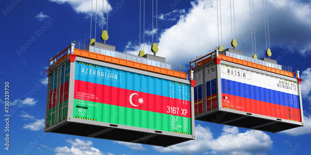 Shipping containers with flags of Azerbaijan and Russia - 3D illustration