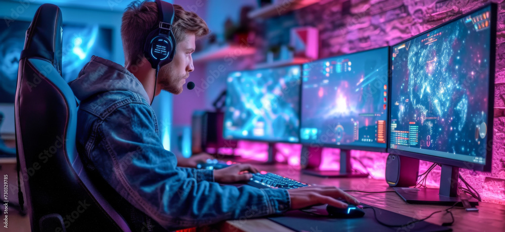 Cyber sport gamer playing online games on computer in neon light.