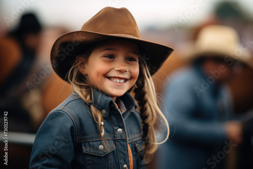 Smiling young girl in cowboy hat enjoying day at ranch. Childhood joy and adventure. © Postproduction