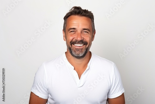 Portrait of a handsome middle-aged man smiling against white background © Iigo