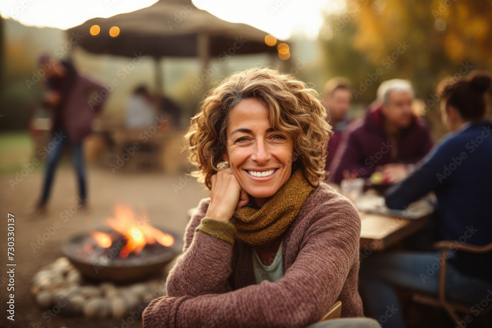 Mature woman enjoying autumn evening at outdoor gathering. Seasonal connection. Mature woman enjoying autumn evening at outdoor gathering. Seasonal connection.