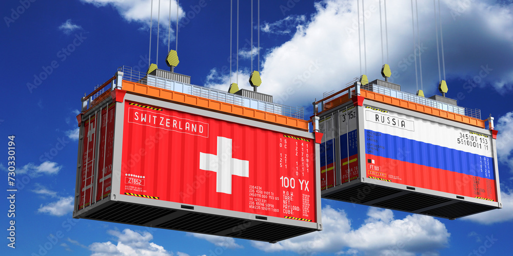 Shipping containers with flags of Switzerland and Russia - 3D illustration