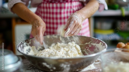 close-up of female hands mixing ingredients in a metal round bowl, woman in a pink checkered