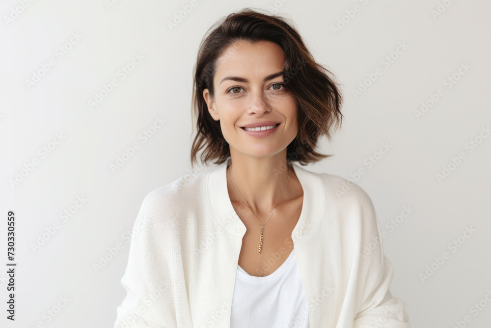 Confident woman in casual attire posing against plain background. Modern simplicity. Confident woman in casual attire posing against plain background. Modern simplicity.