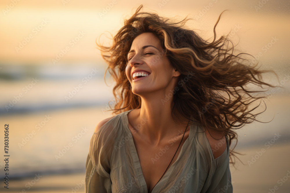 Joyful woman enjoying sunset at beach. Serenity and freedom. Joyful woman enjoying sunset at beach. Serenity and freedom.