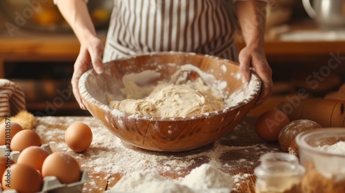 A woman in a striped apron kneads dough in a large round wooden bowl