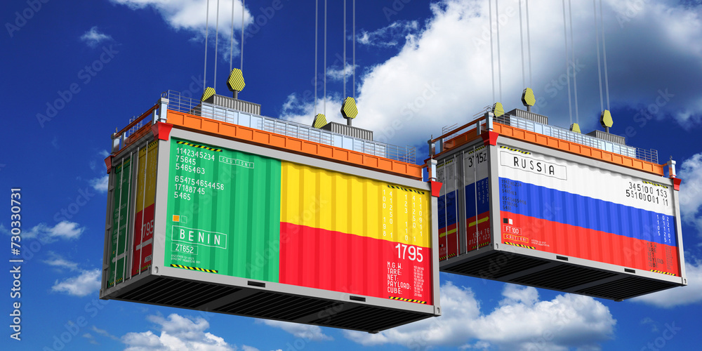 Shipping containers with flags of Benin and Russia - 3D illustration