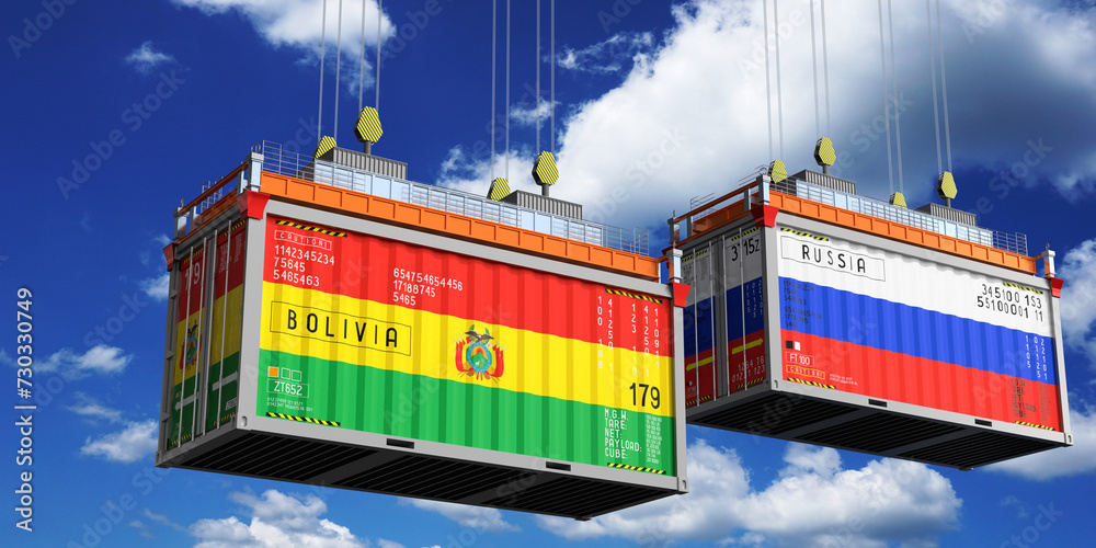 Shipping containers with flags of Bolivia and Russia - 3D illustration