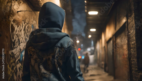 person with a hoodie in a mysterious alley at night