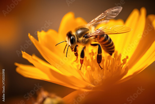 Honeybee collecting pollen on vibrant orange flower. Nature and wildlife.