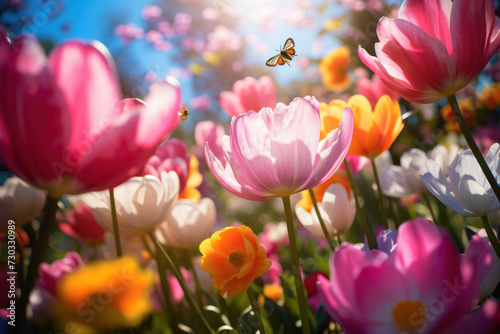 Vibrant tulip garden with butterfly in spring bloom. Nature and beauty.