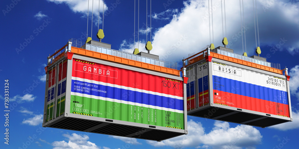 Shipping containers with flags of Gambia and Russia - 3D illustration