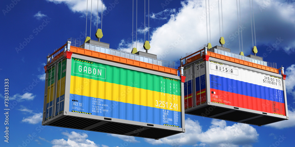 Shipping containers with flags of Gabon and Russia - 3D illustration
