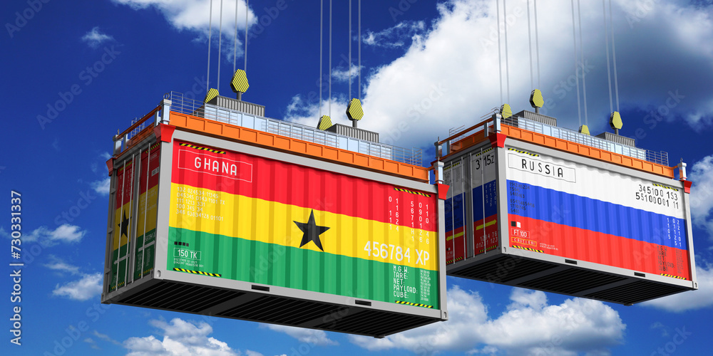 Shipping containers with flags of Ghana and Russia - 3D illustration