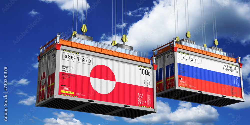 Shipping containers with flags of Greenland and Russia - 3D illustration