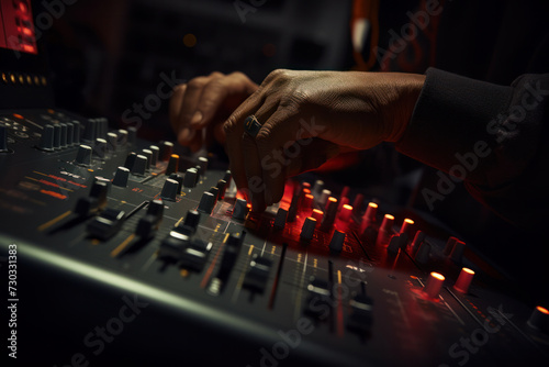 Sound engineer adjusting audio mixer in recording studio. Music production.