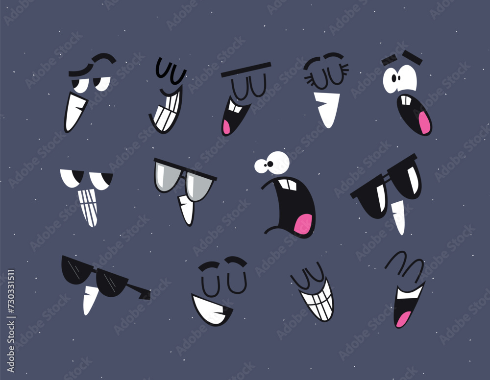 Emotion smile faces drawing in cartoon style on dark background