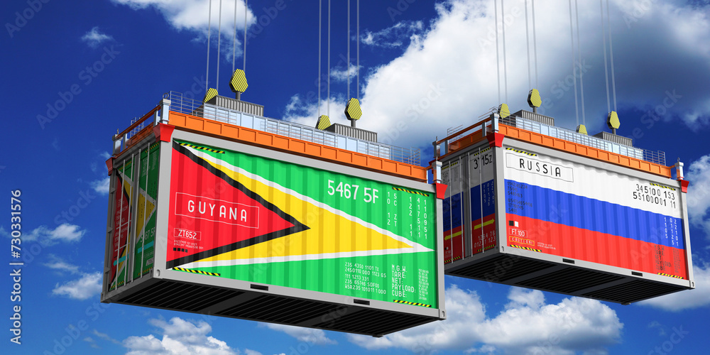 Shipping containers with flags of Guyana and Russia - 3D illustration