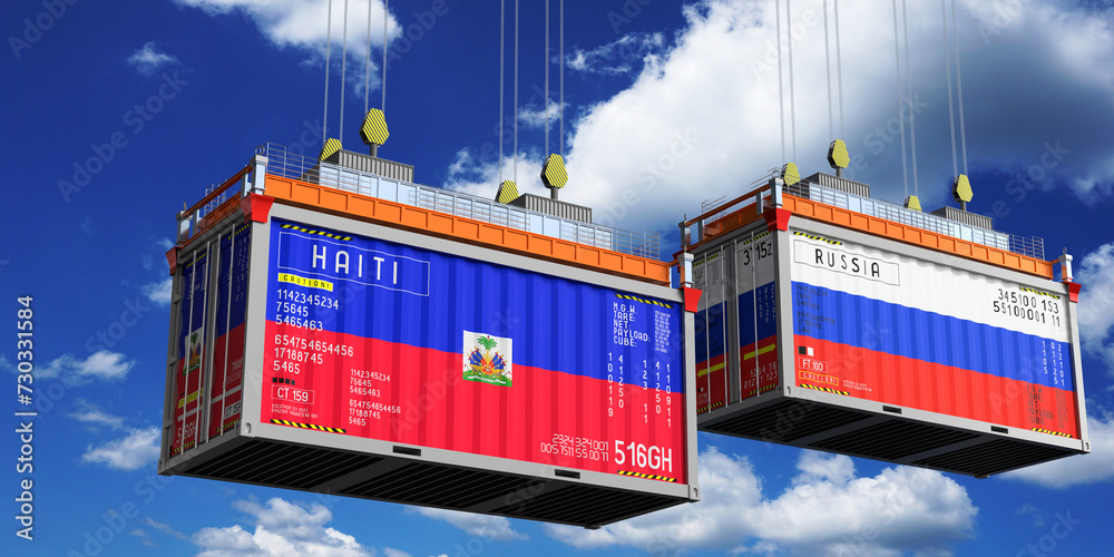 Shipping containers with flags of Haiti and Russia - 3D illustration
