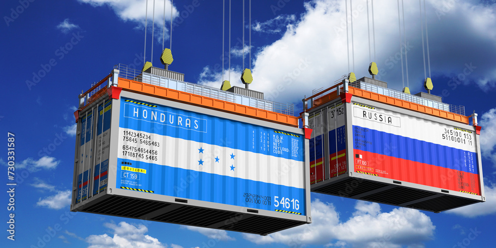 Shipping containers with flags of Honduras and Russia - 3D illustration
