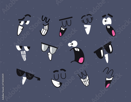 Emotion smile faces drawing in cartoon style on dark background