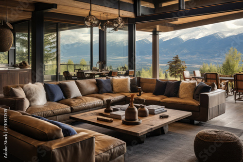 Luxurious mountain view living room interior. Modern home design. © Postproduction