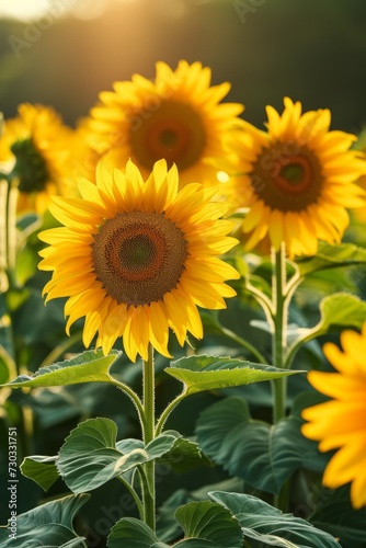 Tall stalks of sun-loving sunflowers swaying gently in the summer breeze