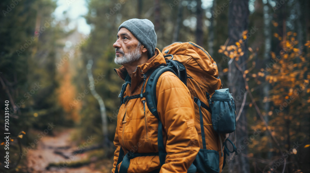 Senior Hiker Exploring Autumn Forest. Generative AI Senior Hiker Exploring Autumn Forest. Generative AI