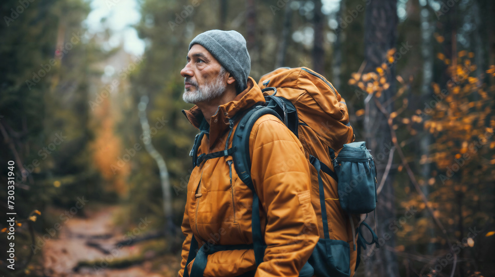 Senior Hiker Exploring Autumn Forest. Generative AI