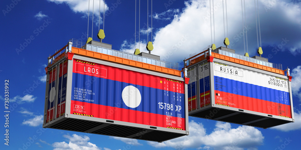 Shipping containers with flags of Laos and Russia - 3D illustration Shipping containers with flags of Laos and Russia - 3D illustration